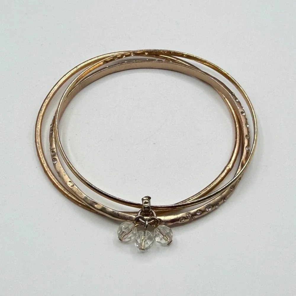 Gold Tone Triple Bangle Bracelet Clear Faceted Bead Dangle Rhinestone Stack Set